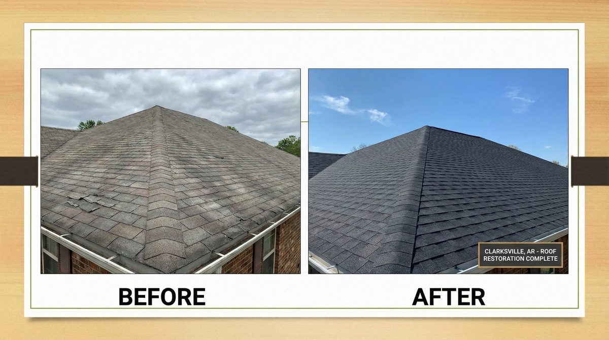 Before and after roof restoration in Clarksville, AR by Clarksville Storm Cleanup