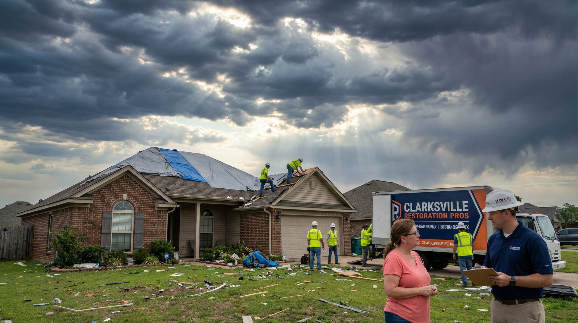 Clarksville Storm Cleanup crew repairing storm-damaged roof