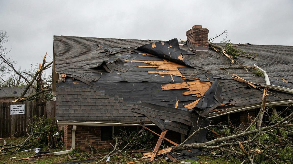 Wind damage to residential roof in Clarksville, AR requiring professional repair
